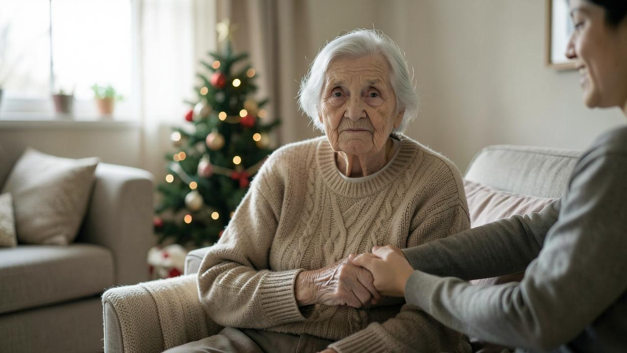 An older woman with dementia sitting in a family living room at Christmas, holding a relative's hand beside a decorated tree