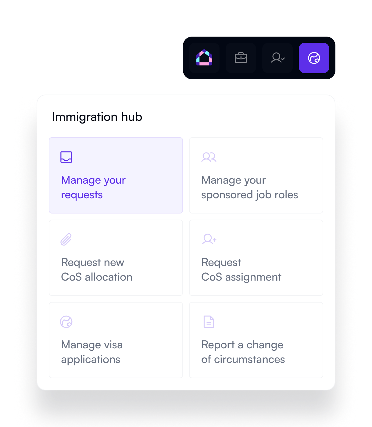 Lifted Immigration Hub showing options to manage requests, sponsored job roles, CoS allocation, CoS assignment, visa applications and change of circumstances