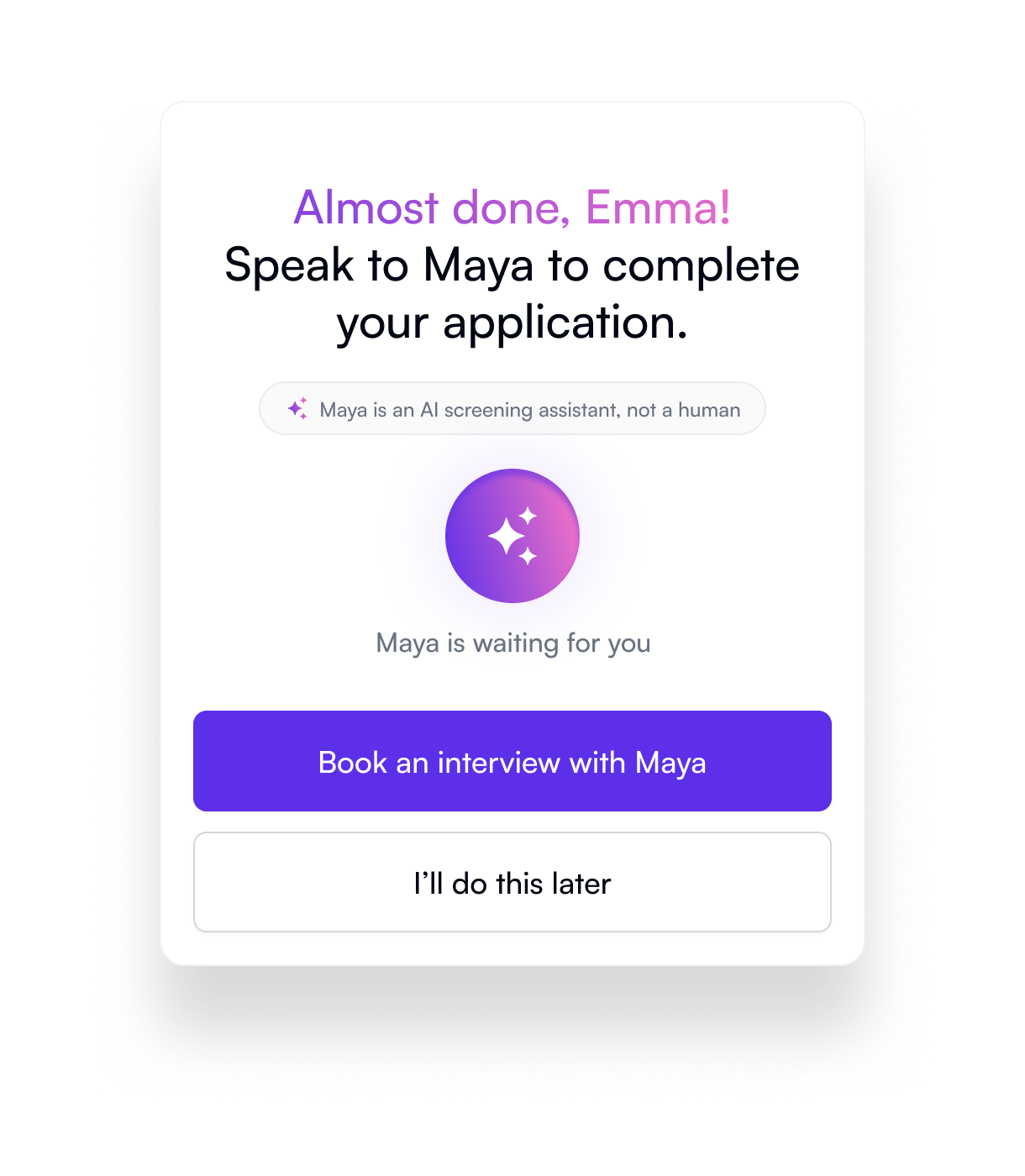 Lifted AI screening assistant Maya inviting a candidate to book an interview, with a note that good-fit applicants are followed up immediately