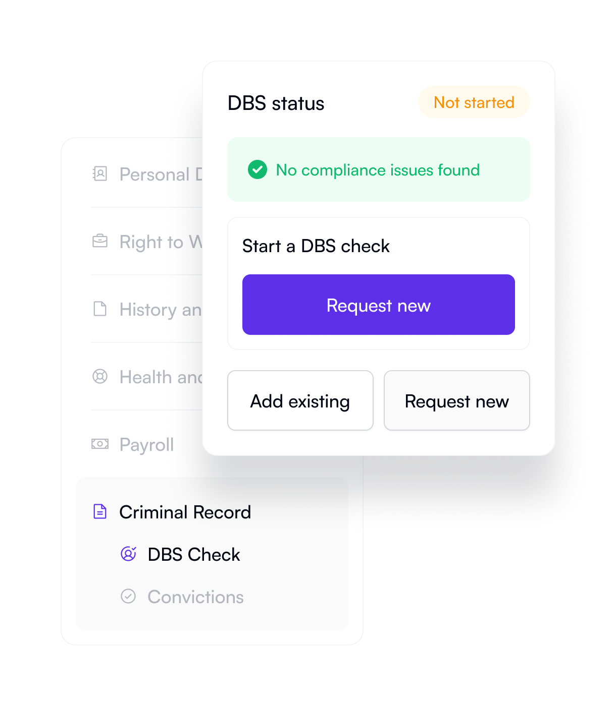 Lifted compliance dashboard showing DBS status, right to work checks, and automated criminal record documentation