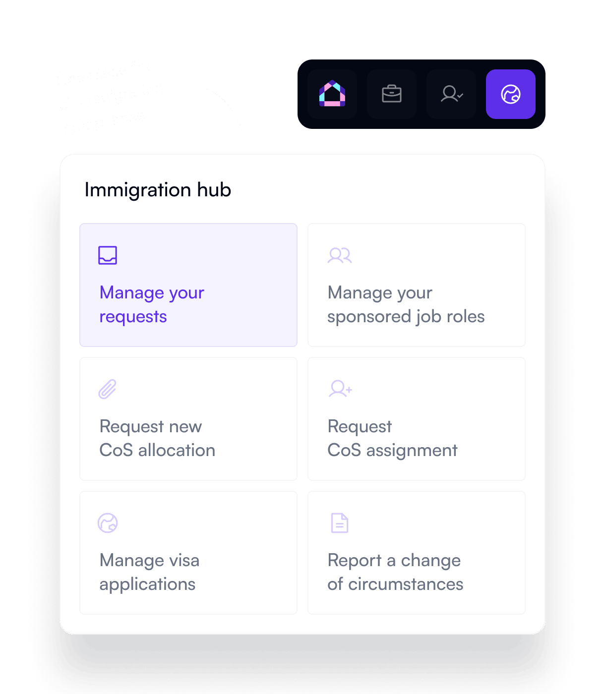 The Lifted immigration hub, with tiles to manage requests, manage sponsored job roles, request a new CoS allocation, request a CoS assignment, manage visa applications and report a change of circumstances