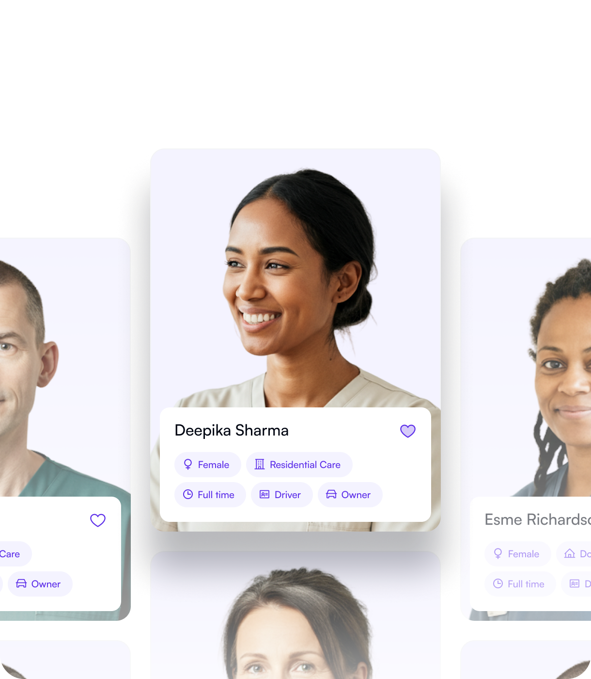 Lifted talent pool showing pre-vetted carer profiles with skills and availability tags, giving access to over 100,000 ready-to-work carers