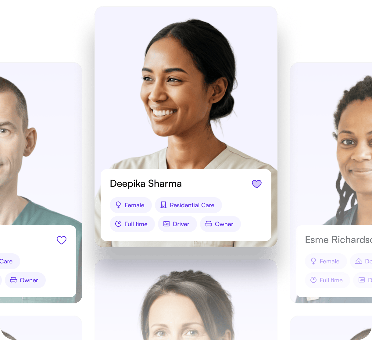 Lifted talent pool showing pre-vetted carer profiles with skills and availability tags, giving access to over 100,000 ready-to-work carers