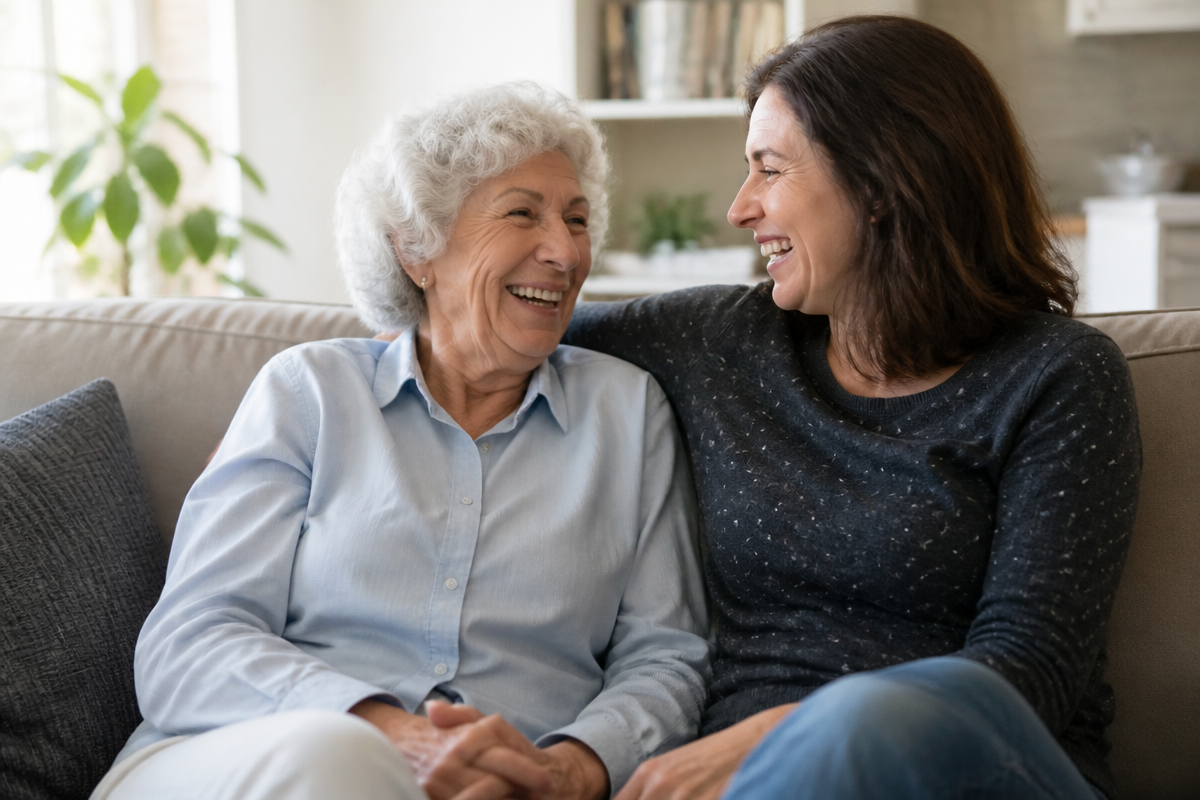 Two women sit together on a sofa, smiling and laughing.