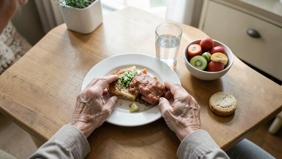 An older person's hands holding a plate of food on a wooden table with a bowl of fresh fruit and a glass of water.