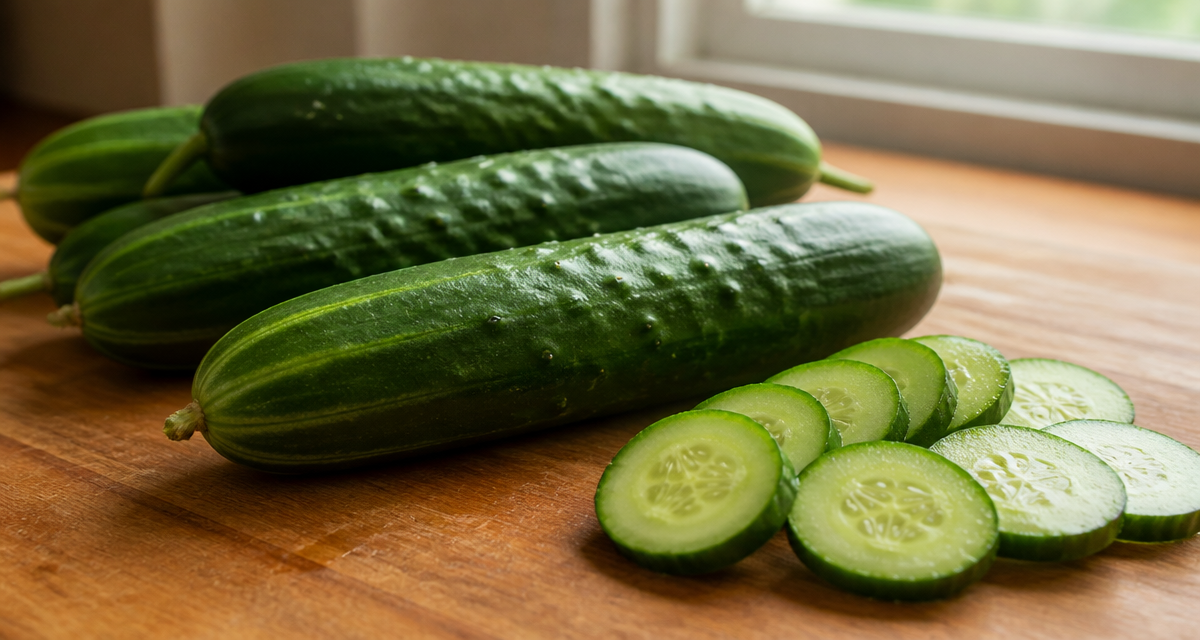 Several fresh whole cucumbers and sliced rounds on a wooden kitchen surface in soft daylight.