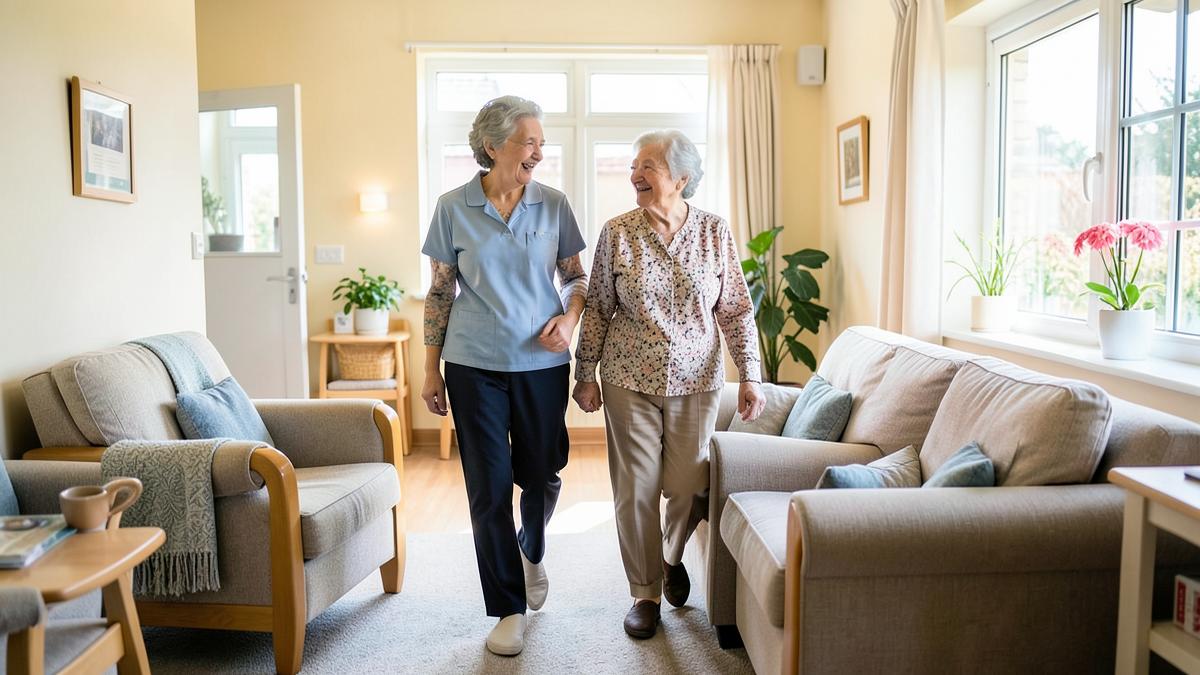A caregiver and an elderly female resident smiling and walking together in a care home lounge