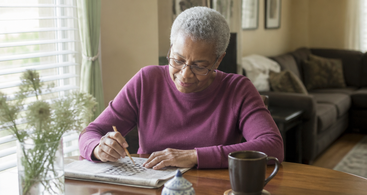 An older woman sitting at a table doing a crossword puzzle in a calm, sunlit living room.