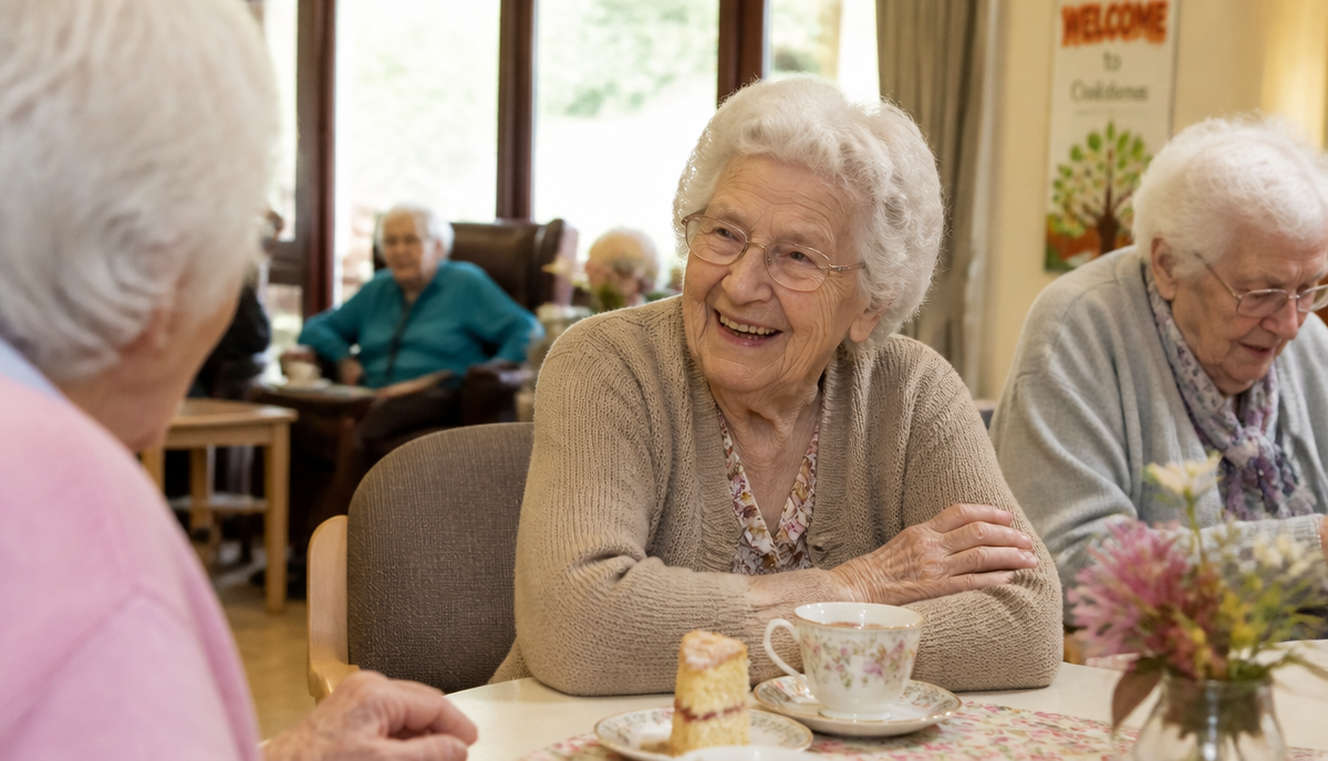 An older woman smiles at the camera while sitting at a table with other older adults enjoying tea and cake.