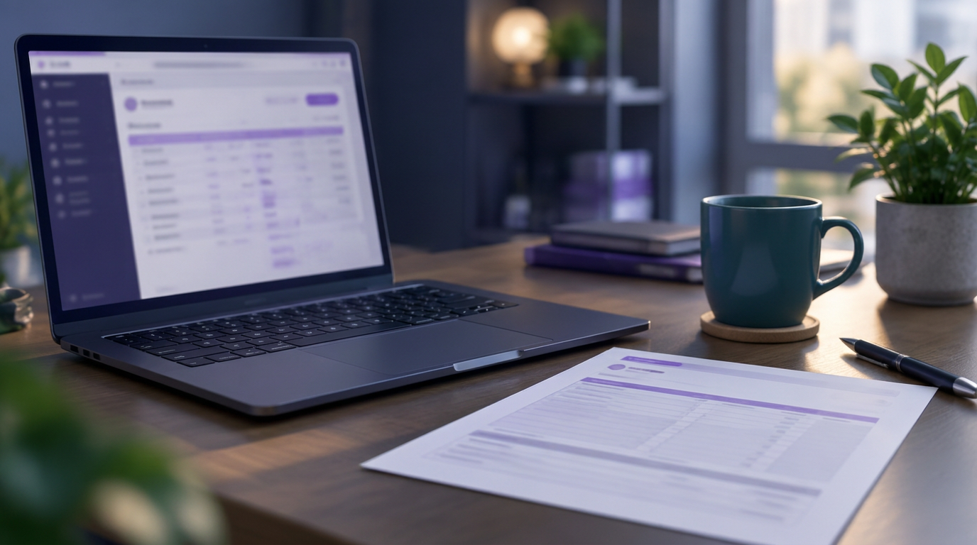 A laptop showing a payroll dashboard on an office desk beside a printed payslip, mug and plant.