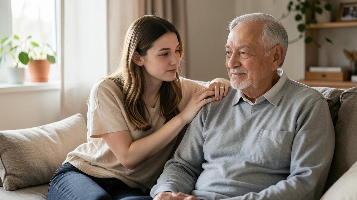 A younger woman rests a hand on the shoulder of an older man as they sit together on a sofa.