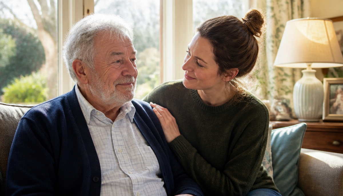 A younger woman rests a hand on the shoulder of an older man as they sit together on a sofa.