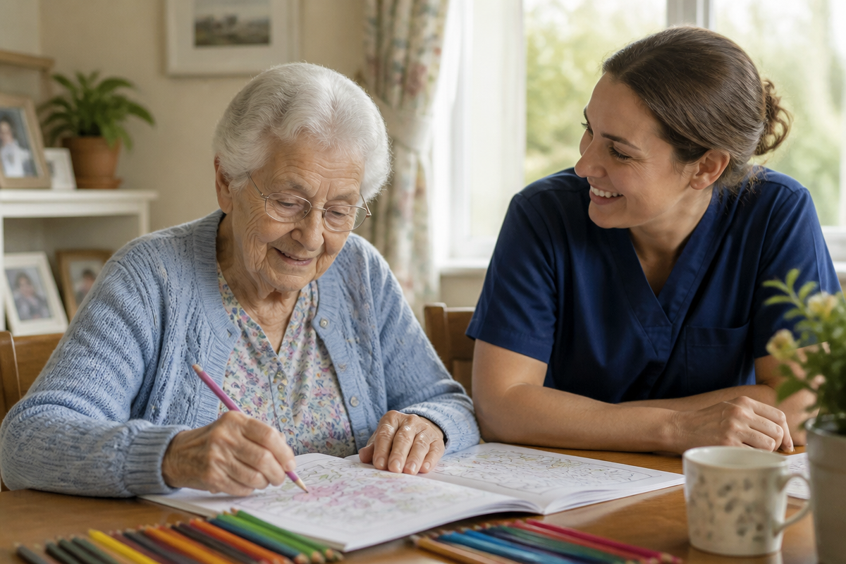 An older couple sit together on a sofa talking with a care worker.