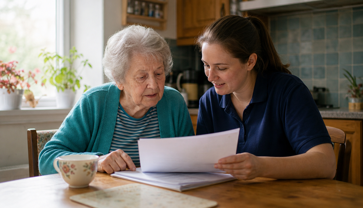 An older woman and a younger carer sit at a kitchen table looking through paperwork together.