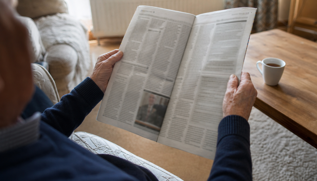 An older person sits in a living room reading a broadsheet newspaper, with a cup of tea on the coffee table nearby.