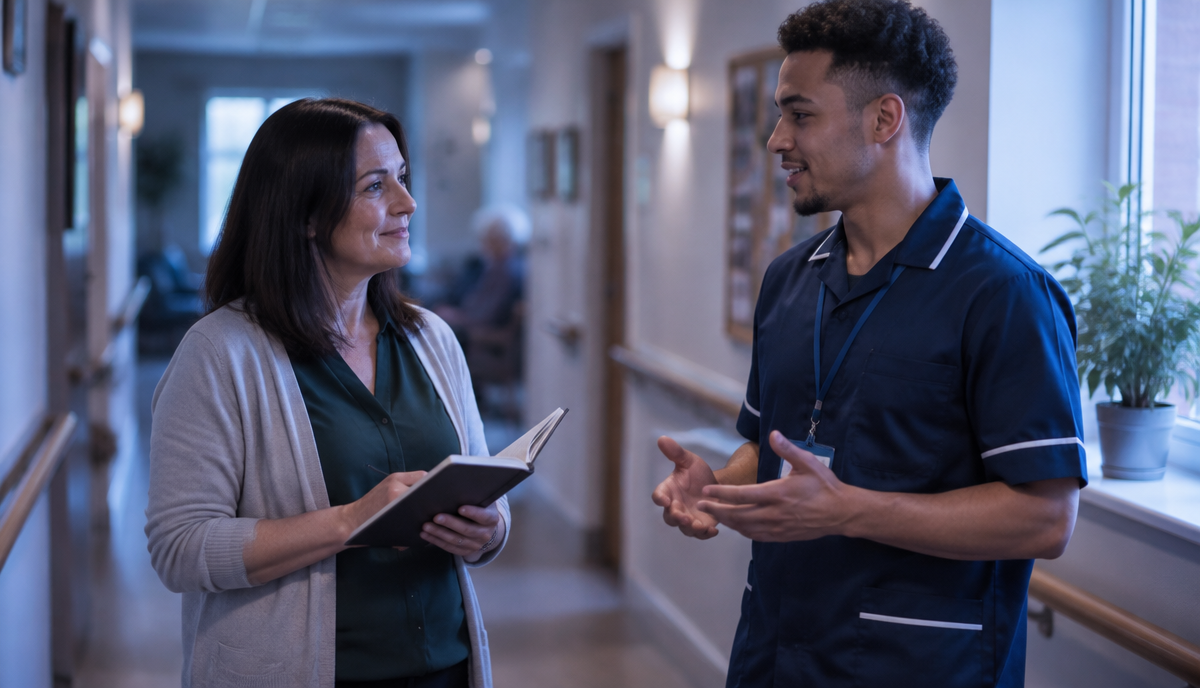 A care home manager with an open notebook listening to a new care worker in uniform during a check-in in a care home corridor.