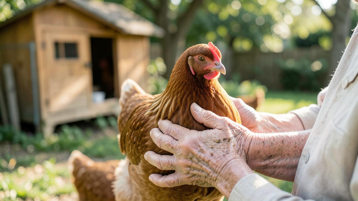 An older person's hands gently holding a brown hen in a care home garden beside a wooden coop.